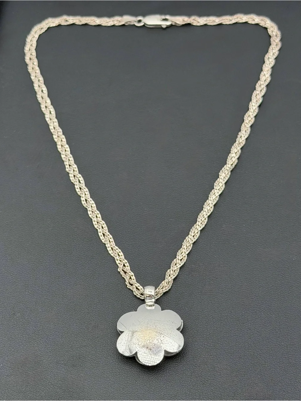 Vintage 925 Sterling Silver Flower Charm Pendant & Multi-Strand Braided Chain